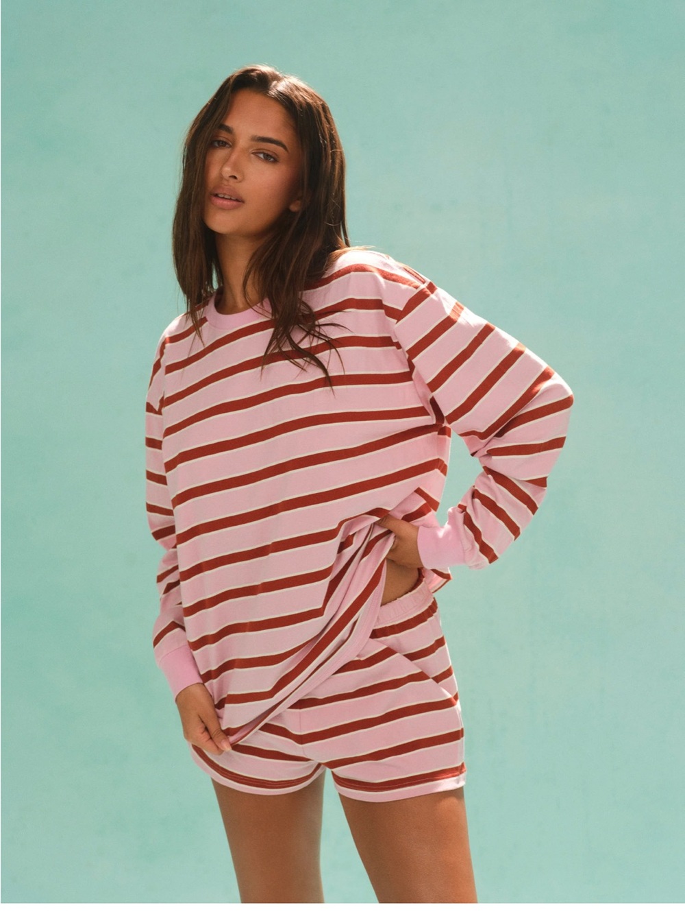 SET Active Saint Tropez Striped Long Sleeve Top and Shorts Size Large